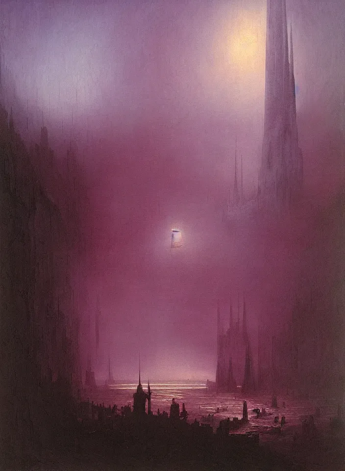 Prompt: the blind liberty of the few, red and purple palette, volume light, fog, by caspar david friedrich by ( h. r. giger ) and paul lehr