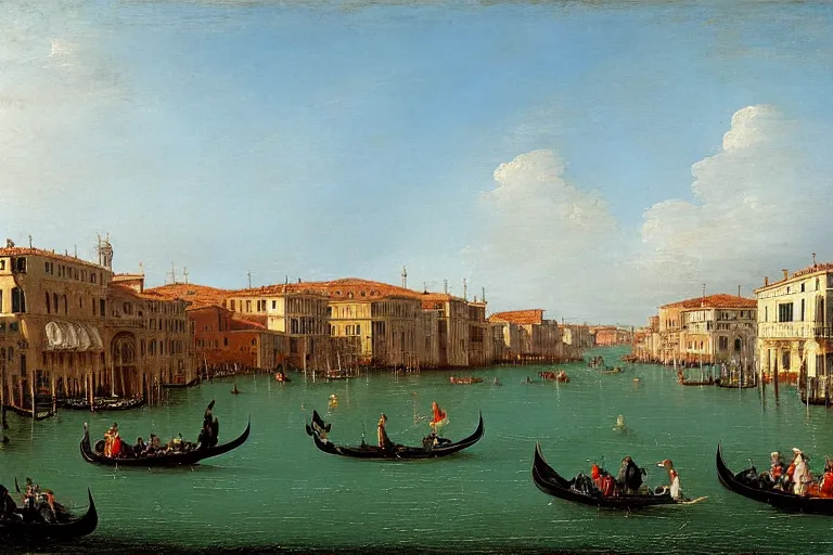 Prompt: Canaletto painting of the Grand Canal in Venice with a cruise ship moored