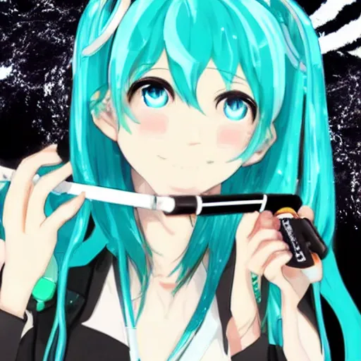 Image similar to hatsune miku getting high by smoking weed with a vape pen, smoke everywhere