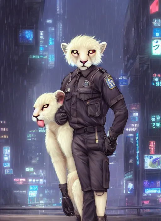 Image similar to character portrait of a male anthro albino mountain lion fursona with a tail and a cute beautiful attractive furry face wearing a police uniform in a cyberpunk city at night while it rains. hidari, color page, tankoban, 4K, tone mapping, Akihiko Yoshida.