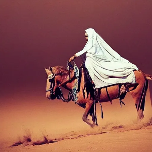 Prompt: beautiful burqa's woman, ride horse in saharan, dress like taliban, riffle on chest, dust, cinematic, dynamic pose, pinterest