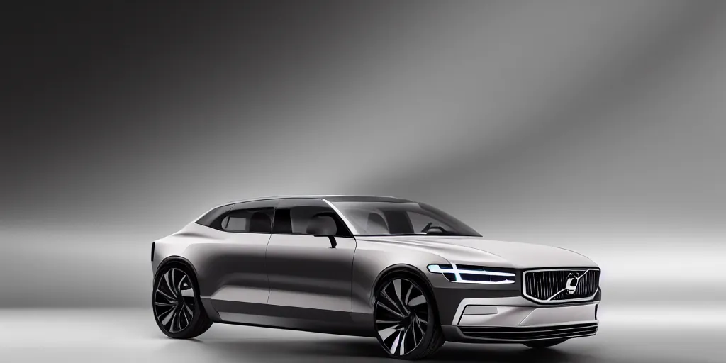 Prompt: a design of a futuristic Volvo, designed by Polestar, northern lights background, brushed rose gold car paint, black windows, dark show room, dramatic lighting, hyper realistic render, depth of field