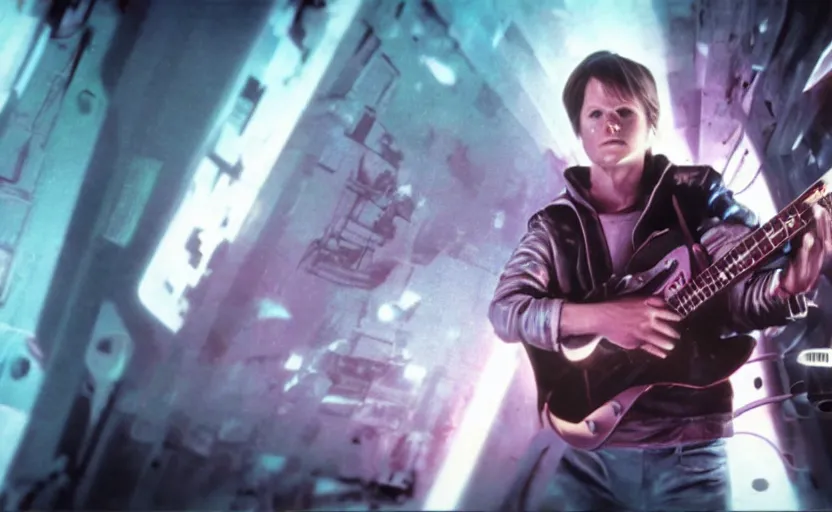 Image similar to found footage of Marty McFly playing a futuristic guitar, in liminal space, cyberpunk, film grain, dark lighting, realistic, photgraph, silent hill style, detailed cinematic lighting