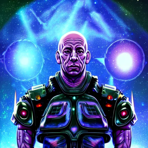 Image similar to an extraterrestrial vin diesel wearing futuristic armor pyramids and galaxies background by ken sugimori and junji ito in the style of dark fantasy, award - winning art, artstationhd