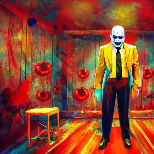Image similar to portrait of agent 4 7 as a clown, colorful, circus background, cinematic, dramatic light, high detail, inside a messy room, masterpiece, art by jisu choe