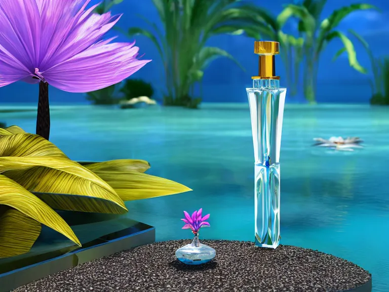 Image similar to perfume bottle standing in a desert oasis in deep blue pond water surrounded by tropical flowers by zaha hadid ; octane highly render, 4 k, ultra hd, 2 0 0 mm, mute dramatic colours, soft blur outdoor stormy sea background, up close shot, sharp focus, global illumination, irakli nadar