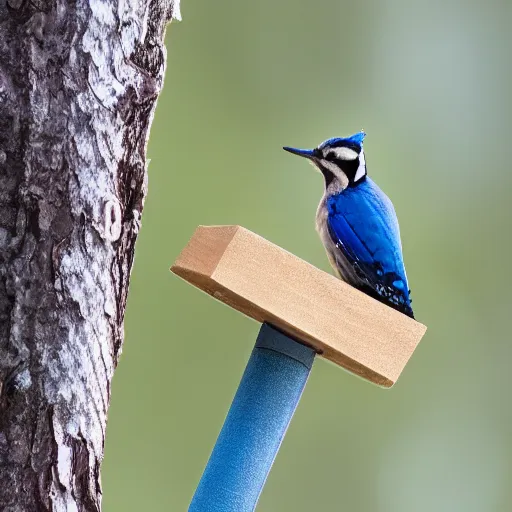 Prompt: a blue woodpecker at a bird feeder