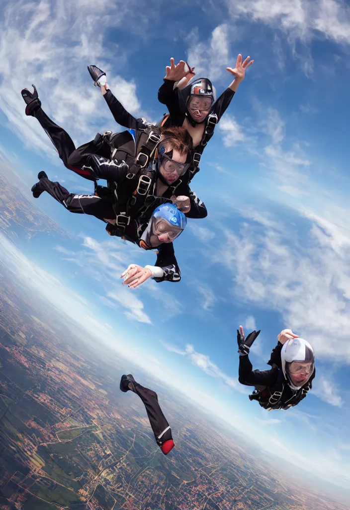 Image similar to fashion editorial skydive. wide angle shot. highly detailed.