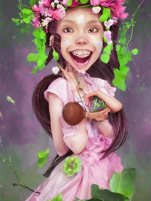 Prompt: Full shot of a cute mischievous young spring witch about to get up to some trouble with her playful bat familiar. Latin American fashion. Floral patterns. cherry blossoms. Bats. Black and Pink and Lime Green palette. Magic. Latina girl. brown skin. defined facial features, symmetrical facial features. Smiling. By Ruan Jia and Artgerm and Range Murata and WLOP and Ross Tran and William-Adolphe Bouguereau. Key Art. Fantasy Illustration. award winning, Artstation, intricate details, realistic, Hyperdetailed, 8k resolution.