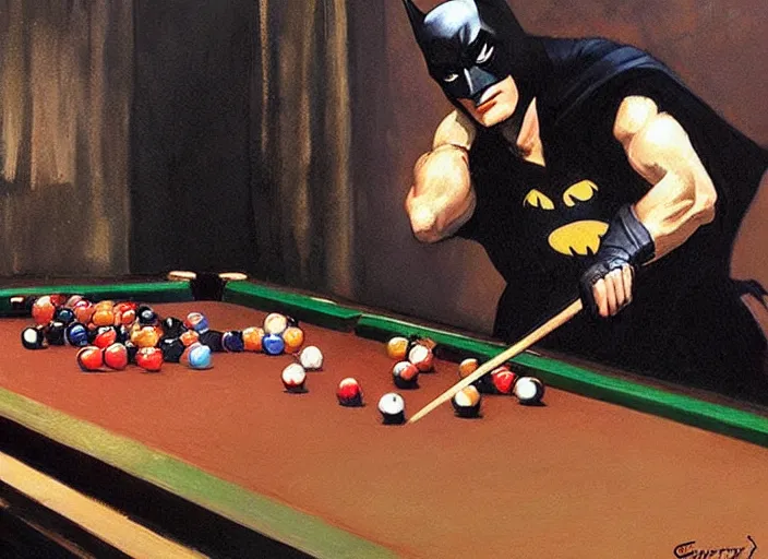 Image similar to a highly detailed beautiful portrait of batman playing pool, by gregory manchess, james gurney, james jean