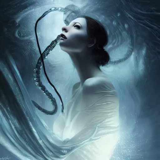 Prompt: a giant pale humanoid alien, wrapped in black tentacles, floating in water, bubbles rising, photo realistic, fantasy art, volumetric lighting, by charlie bowater, by karol bak