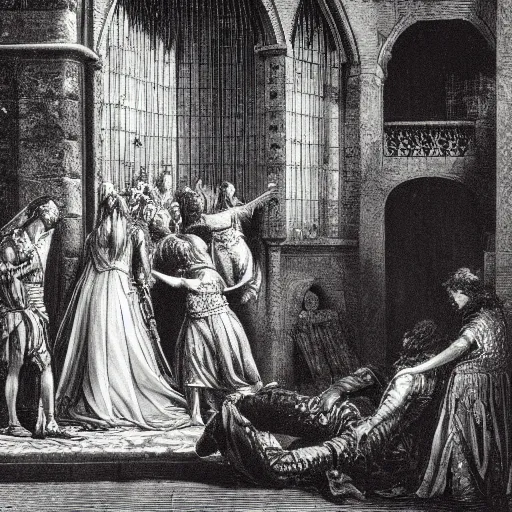 Image similar to a scene from romeo and juliet, high detail, illustration by gustave dore