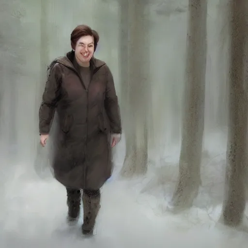 Image similar to supreme court justice elena kagan going for a walk in the woods, digital art by ruan jia and mandy jurgens and artgerm, realistic face, highly detailed, trending on artstation, award winning