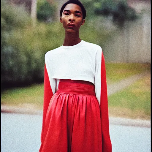 Image similar to realistic photoshoot for a new off-white lookbook, color film photography, portrait of a beautiful girl in style of tyler Mitchell, 35mm, graflex