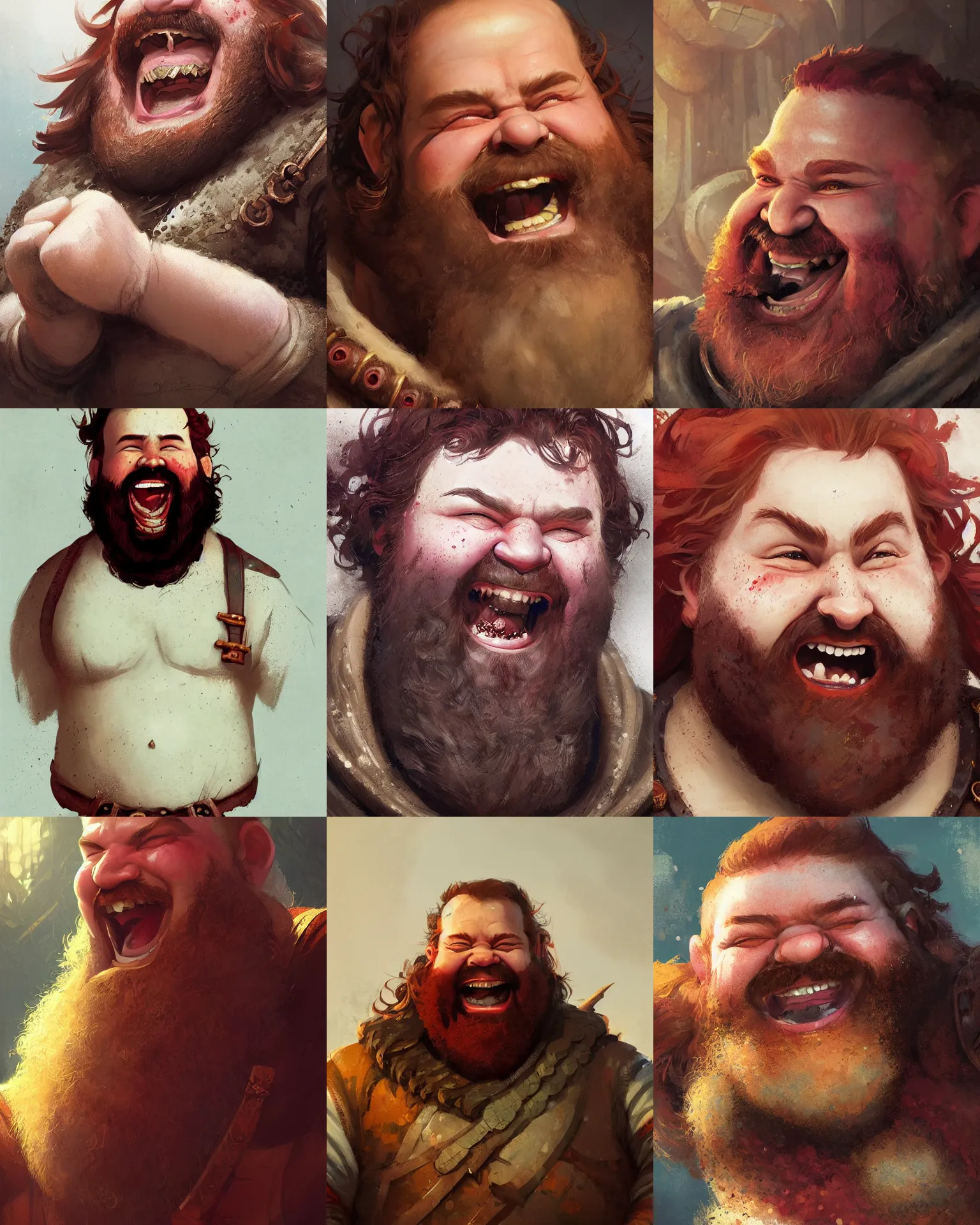 Prompt: closeup portrait of a dwarven bard, happy, laughing, rosy cheeks, red beard, freckles, art by greg rutkowski