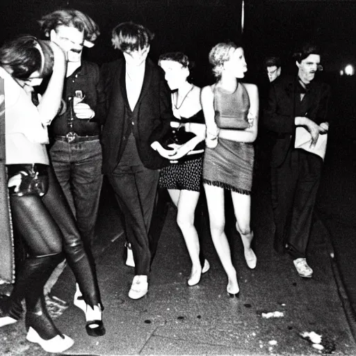 Image similar to Street photography, a close up of several people leaving a seedy nightclub at 5am, they are smoking, someone is screaming, Kodachrome