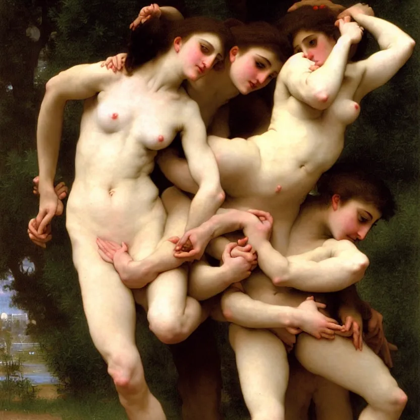 Prompt: a painting of a man and a woman joined at the waist, wrestling to break free of each other. by bouguereau.