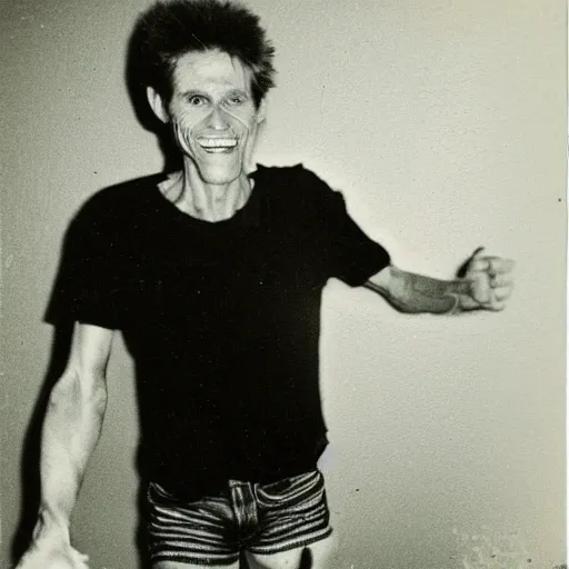 Prompt: A creepy polaroid photo of skinny Willem Dafoe in shorts chasing you down a hallway with huge grin on face