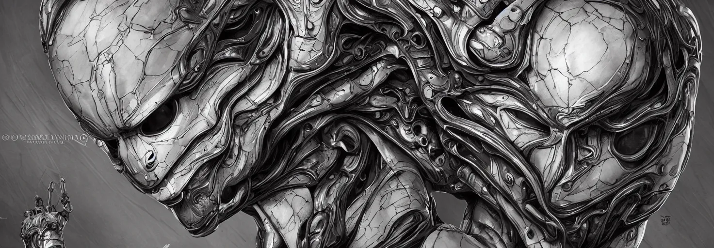 Image similar to engineer alien face by Artgerm, alien, highly detailed, symmetrical long head, smooth marble surfaces, detailed ink illustration, raiden metal gear, cinematic smooth stone, deep aesthetic, concept art, post process, 4k, carved marble texture and silk cloth, latex skin, highly ornate intricate details, moody lighting, hr geiger, hayao miyazaki, by Artgerm