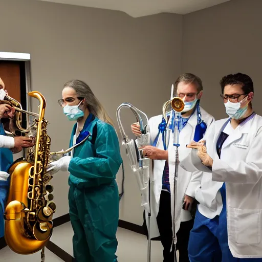 Image similar to doctors playing saxophone made out of clear tubing, syringes, urine collection bag, iv pole, fluid bag, nebulizer equipment, bag - valve mask, intubation equipment, speculum, defibrillator, coban. concert in surgical theater.