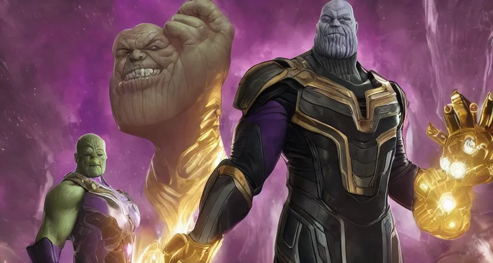 Image similar to Thanos in a three piece suit about to take on the avengers detailed realistic d&d