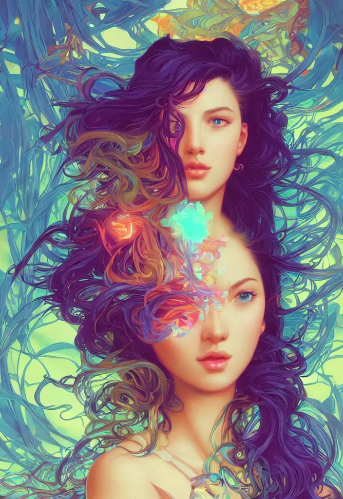 Image similar to beautiful, young woman, detailed gorgeous face, vaporwave aesthetic, synthwave, colorful, psychedelic, artstation, concept art, smooth, extremely sharp detail, finely tuned detail, ultra high definition, 8 k, unreal engine 5, ultra sharp focus, illustration, art by artgerm, greg rutkowski and alphonse mucha