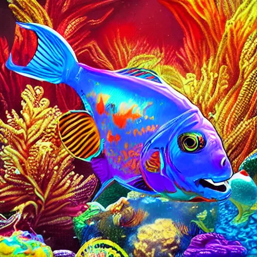 Prompt: a 3 d beautiful colourful fish in a fishbowl, looking in a periscope, digital art, high quality, hyper detailed, fantasy, scifi