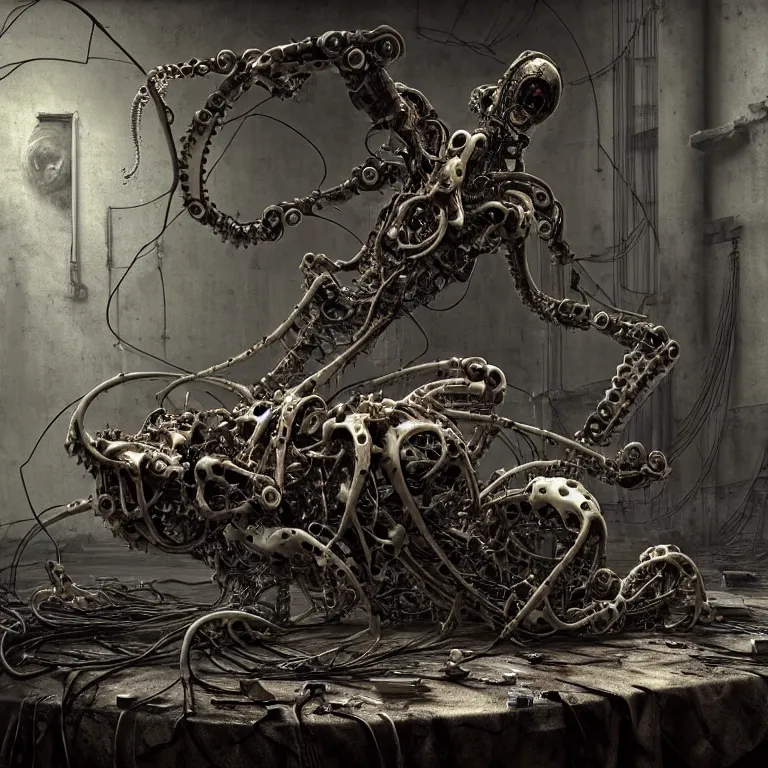 Prompt: still life of abandoned biomechanical robot laying on a table, white human spine, covered with tentacles, roots, wires, tubes, baroque painting, standing in a desolate empty wasteland, creepy, nightmare, dream-like heavy atmosphere, surreal abandoned buildings, baroque painting, beautiful detailed intricate insanely detailed octane render trending on Artstation, 8K artistic photography, photorealistic, chiaroscuro, Raphael, Caravaggio, Beksinski, Giger