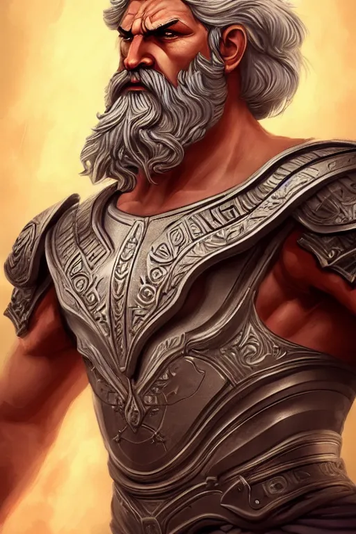 Image similar to The God Zeus looking angry, detailed armor, portrait, highly detailed, digital painting, artstation, concept art, smooth, sharp focus, beautiful face, symmetric face, cinematic, videogame cover art, illustration, art by Hergé