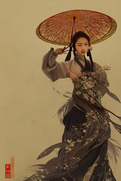 Image similar to portrait wuxia sword dance Girl, ancient chinease costume, in forbidden City Rainning, flowers sea everywhere, ssci-fi, fantasy, intricate, very very beautiful, elegant, highly detailed, digital painting, artstation, concept art, smooth, sharp focus, illustration, art by tian zi and WLOP and alphonse mucha