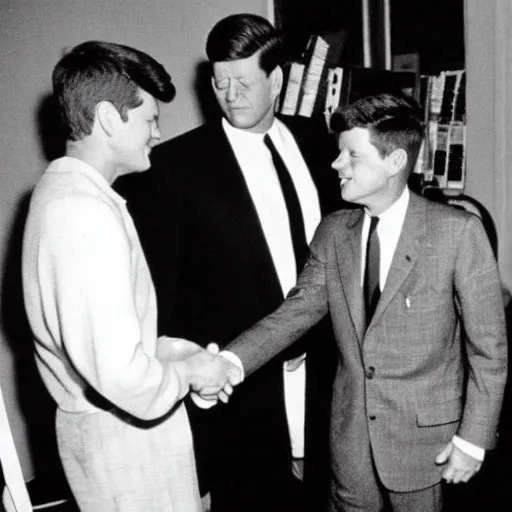Prompt: a black and white photo of john f kennedy shaking hands with the alien from et
