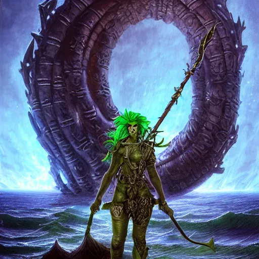 Image similar to a beautiful detailed 3d matte portrait of a male triton with green hair, wearing studded leather armor, wielding a staff with a glowing red crystal, male, dungeons and dragons character, standing beside the ocean, by ellen jewett, by tomasz alen kopera, by Justin Gerard, ominous, magical realism, texture, intricate, skull, skeleton, whirling smoke, alchemist bottles, radiant colors, fantasy, volumetric lighting, high details