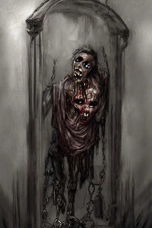 Image similar to a painting of a zombie coming out of a doorway, concept art by dave melvin, photorealistic, hooks on chains, featured on deviantart, fantasy art, concept art, grotesque, creepypasta, black magic, demonic