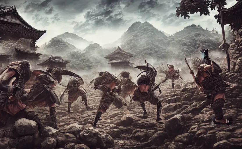 Image similar to highly detailed digital illustration of shinobi warriors running through old, ruined, japanese village from sengoku period, surrounded by dense rock formations, high in mountains, cinematic lighting, photobash, raytracing, volumetric lighting