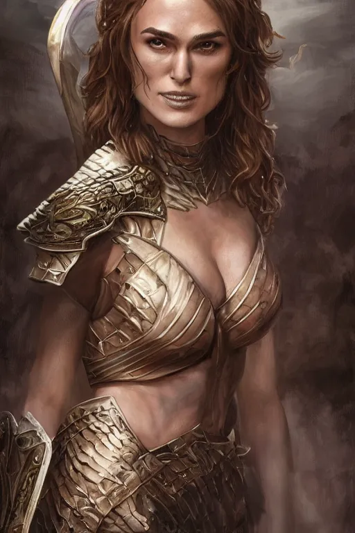 Prompt: A fantasy comic book style, composite portrait painting of Keira Knightley, Cory Chase as an Atlantean, Reptilian Warrior, Mystical Valkyrie, Armor, Sword, Spear, Sheild, François Boucher, Oil Painting, unreal 5, DAZ, hyper realistic, Photorealistic, octane render, Regal, Refined, Coherent, Detailed Digital Art, RPG portrait, William-Adolphe Bouguereau, Michael Cheval, Walt Disney (1937), Steampunk, Golden dappled dynamic lighting, Highly Detailed, Theophanic atmosphere, Cinematic Lighting, Unreal Engine, 8k, HD