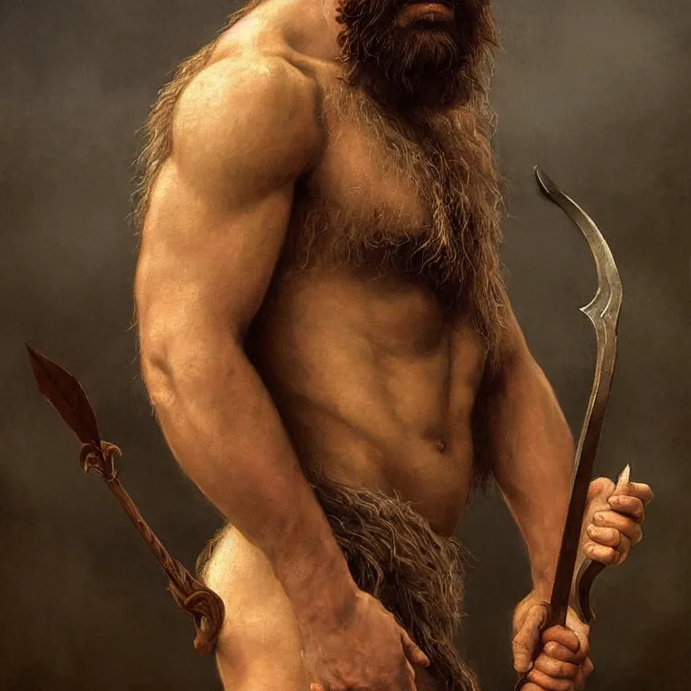 Image similar to renaissance painting full body portrait of a gruff ranger with a spear, lean and toned, handsome face, hairy chest and hairy body, D&D, intricate, elegant, highly detailed, digital painting, artstation, concept art, matte, sharp focus, chiaroscuro, well list, illustration, art by Artgerm and Greg Rutkowski and Alphonse Mucha