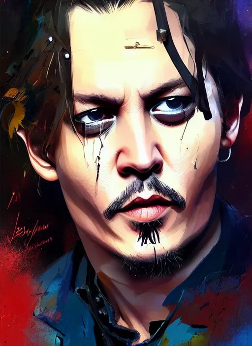 Prompt: young beautiful johnny depp portrait, style by simon bisley, ismail inceoglu, wadim kashin, filip hodas, benedick bana, and andrew atroshenko.