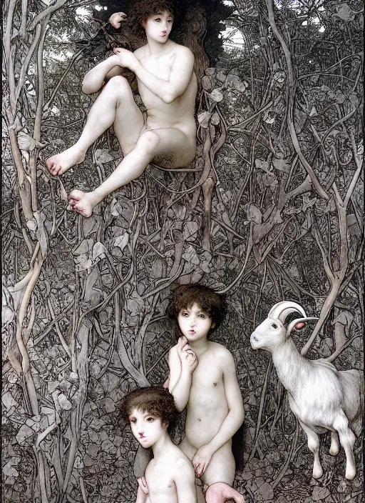 Prompt: boy and girl and a goat in a deep bloody thorns bones forest, by Vania Zouravliov, william-adolphe bouguereau and Takato Yamamoto, high resolution