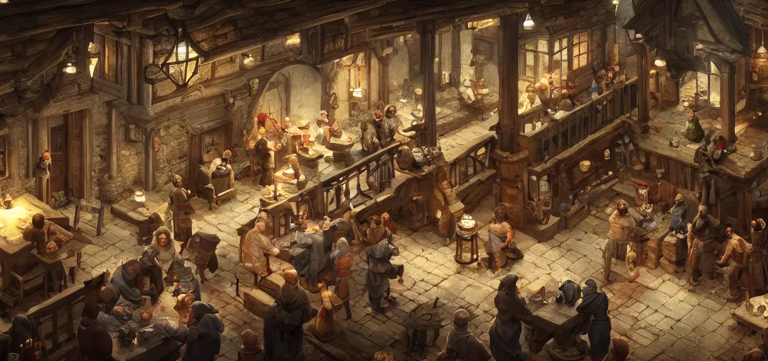 Prompt: medieval tavern, isometric view, game art, game dev, concept, extremely high detail, photo realistic, cinematic lighting, post processed, concept art, artstation, matte painting, style by eddie mendoza, raphael lacoste, alex ross