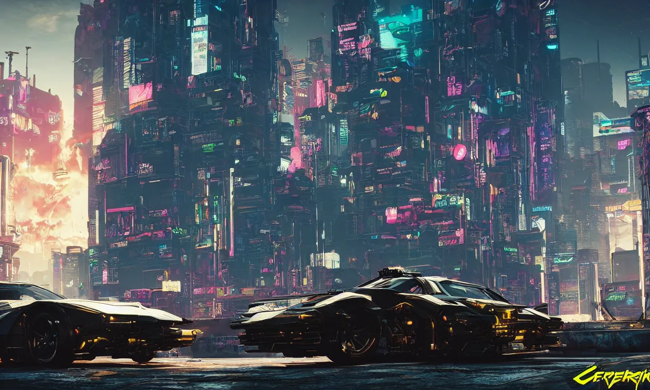 Image similar to Cyberpunk 2077 car Quadra Turbo-R V-Tech, driving down dusty city dystopian, long distance shot , by Mead, Syd