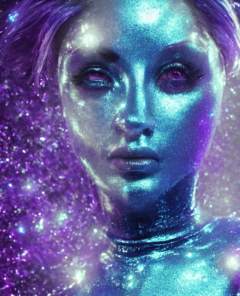 Image similar to beautiful blue alien female, ram horns, glitter, specular reflections, shiny skin, eye tattoo, portrait, synthetic full bodysuit colourful fish scale armour, intricate details, farscape, cinematic, octane render, subsurface scattering, bloom, shadows, purple glowy background, volumetric lighting