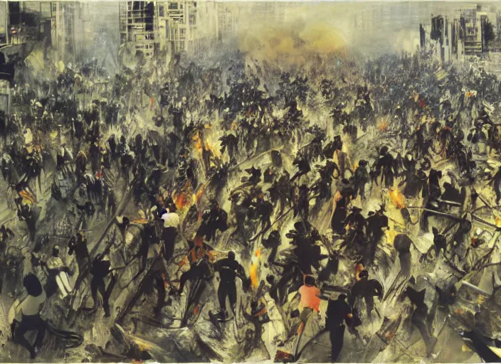 Image similar to a crowd of people running at full speed protesting in a burning and dystopian santiago chile by john berkey and manet