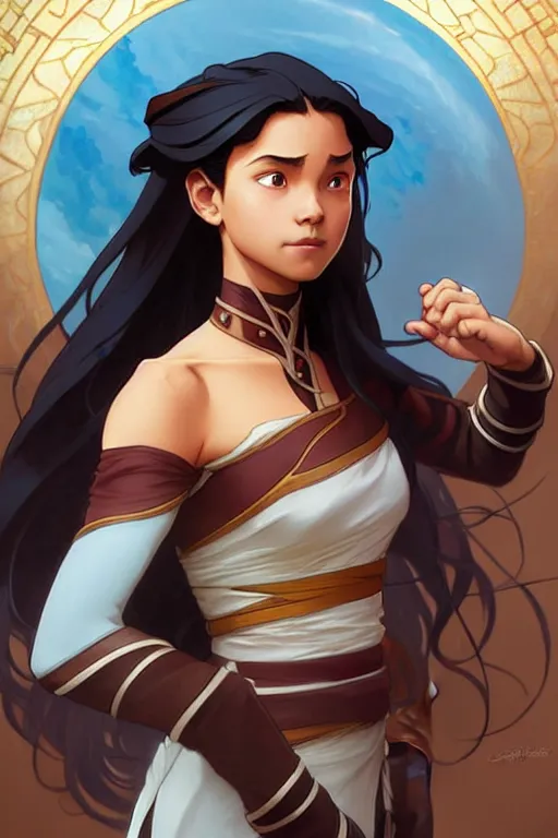 Image similar to Katara from avatar the last airbender, D&D, fantasy, intricate, elegant, highly detailed, digital painting, artstation, concept art, matte, sharp focus, illustration, art by Artgerm and Greg Rutkowski and Alphonse Mucha