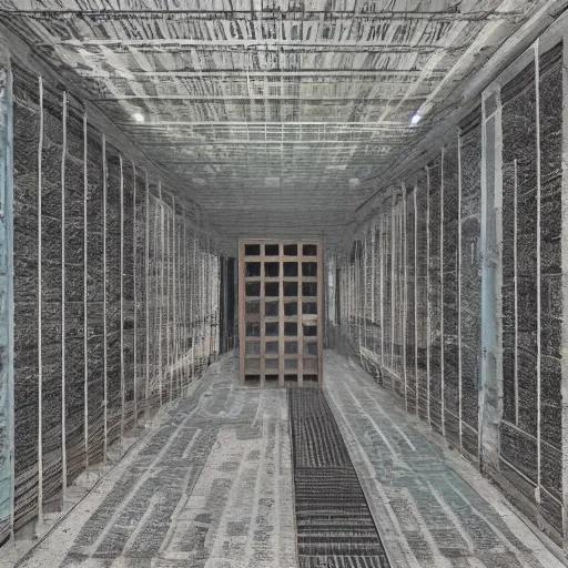 Image similar to underground prison, corroded metal bars, concrete, colorful tapestries, rugs, concept art