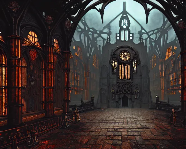 Image similar to steam necropolis, memento mori, gothic, neo - gothic, art nouveau, hyperdetailed copper patina medieval icon, stefan morrell, philippe druillet, ralph mcquarrie, concept art, steampunk, unreal engine, detailed intricate environment, octane render, moody atmospherics, volumetric lighting, ultrasharp, ominous, otherworldly