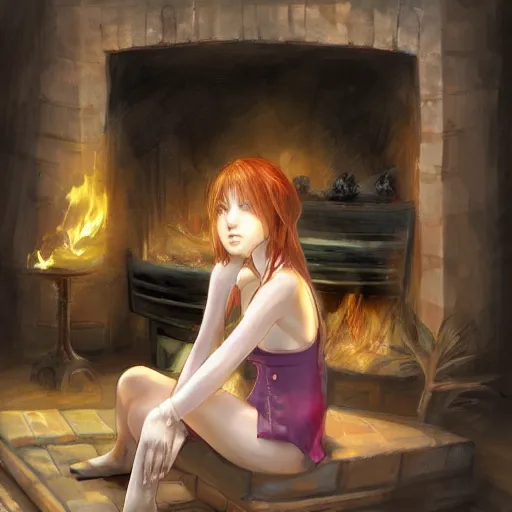 Image similar to girl sitting next to a fireplace, digital art, by Yoshitaka Amano, trending on artstation