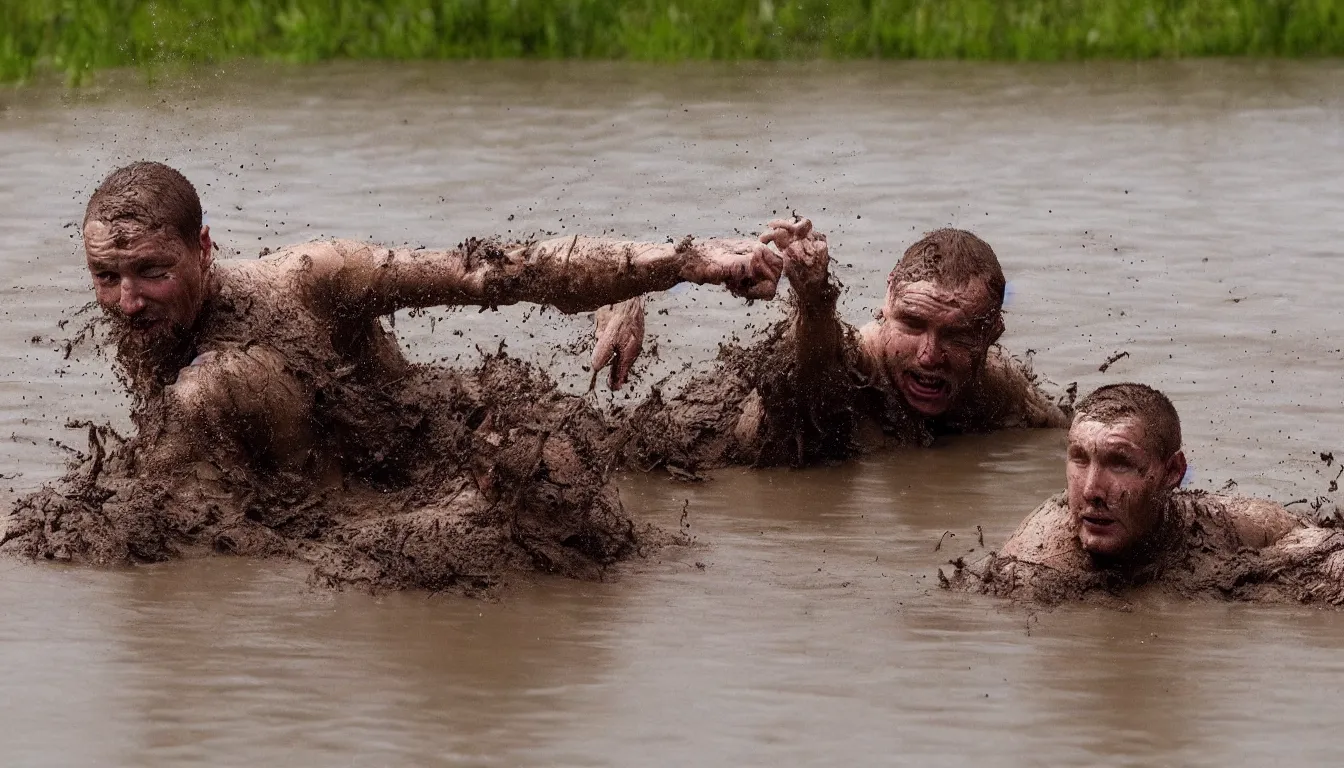 Image similar to man swimming trough the mud, russian style, hilarious, funny, meme, realistic, detailed, 4 k