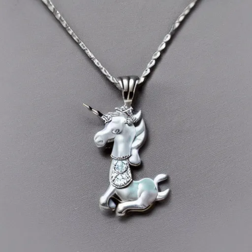 Image similar to a lovely silver cartoon unicorn necklace pendant, pandora style, tiffany style, swarovski style, van cleef & arpels style, cartier style, boucheron style, bulgari style, chaumet style, elegant, noble, stylish