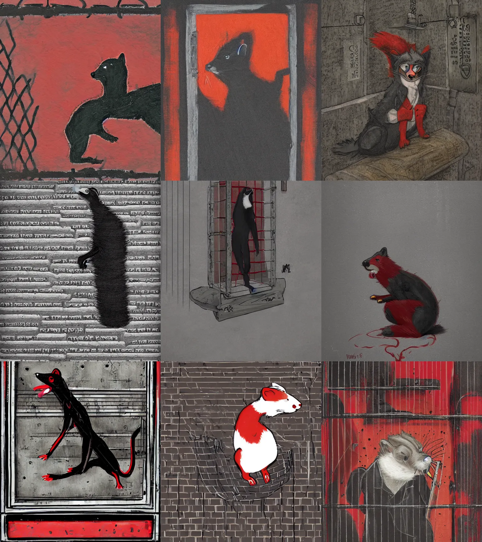 Prompt: red - and - black weasel / stoat fursona ( furry fandom ), neo - noir setting, detective fiction inspired art tone, artistic medium is scratching and chiseling on a prison cell wall in order to create cracks and impressions