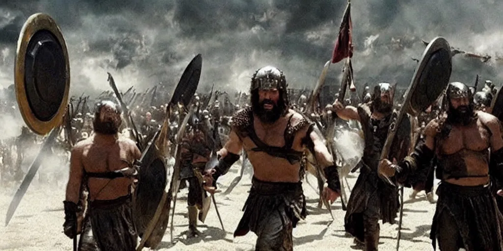 Image similar to Bernie Sanders dressed as Leonidas in screenshot from 300 movie, with Leonidas beard, leading Spartans into battle, in screenshot from the 300 movie